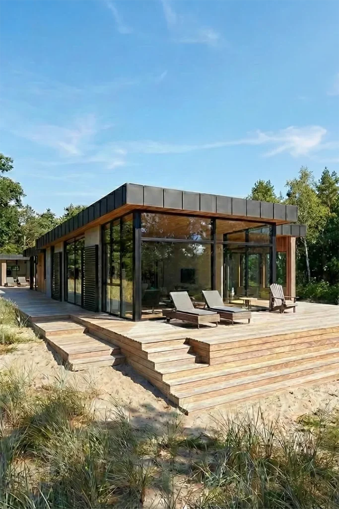 Moderne arkitekttegnet sommerhus i træ med store panoramavinduer og træterrasse ved Ebeltoft Vig, Djursland