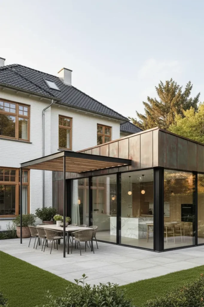 Moderne tilbygning i kobber til klassisk villa tegnet af Wichmann Arkitektur i Aalborg i Nordjylland