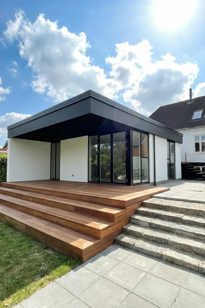 Moderne tilbygning i Aalborg bygget i træ med hvide facader og træterrasse tegnet af Wichmann Arkitektur